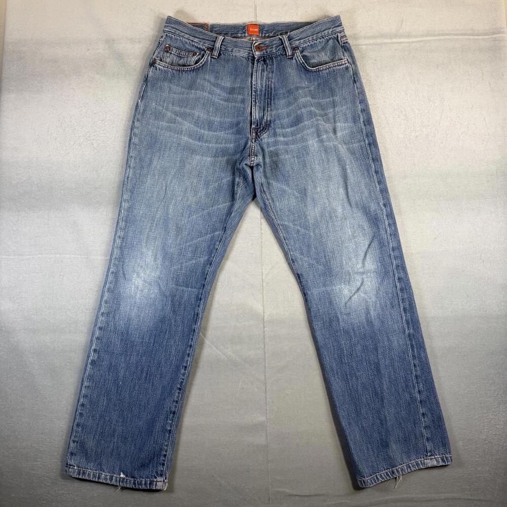 Hugo Boss Jeans Mens 34x32 Blue Medium Wash Straight Relaxed Distressed Denim